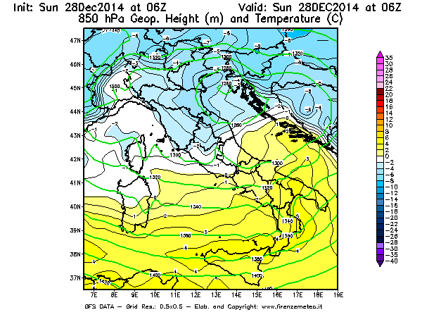 Mappa di analisi GFS - Geopotenziale [m] e Temperatura [°C] a 850 hPa in Italia
									del 28/12/2014 06 <!--googleoff: index-->UTC<!--googleon: index-->