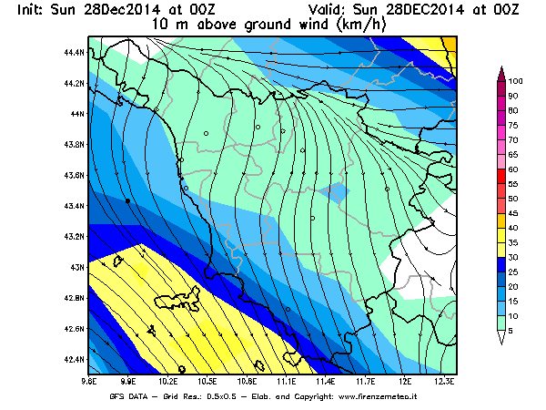 Mappa di analisi GFS - Velocità del vento a 10 metri dal suolo [km/h] in Toscana
									del 28/12/2014 00 <!--googleoff: index-->UTC<!--googleon: index-->