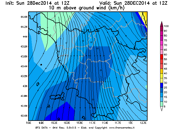 Mappa di analisi GFS - Velocità del vento a 10 metri dal suolo [km/h] in Toscana
									del 28/12/2014 12 <!--googleoff: index-->UTC<!--googleon: index-->