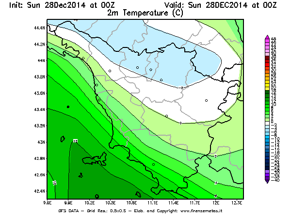 Mappa di analisi GFS - Temperatura a 2 metri dal suolo [°C] in Toscana
									del 28/12/2014 00 <!--googleoff: index-->UTC<!--googleon: index-->