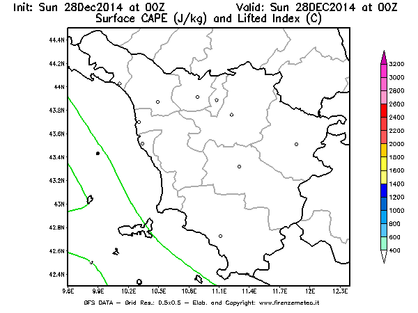 Mappa di analisi GFS - CAPE [J/kg] e Lifted Index [°C] in Toscana
									del 28/12/2014 00 <!--googleoff: index-->UTC<!--googleon: index-->