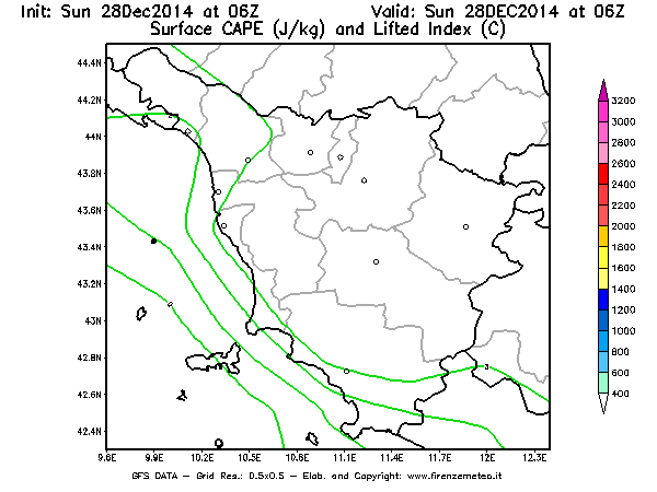 Mappa di analisi GFS - CAPE [J/kg] e Lifted Index [°C] in Toscana
									del 28/12/2014 06 <!--googleoff: index-->UTC<!--googleon: index-->