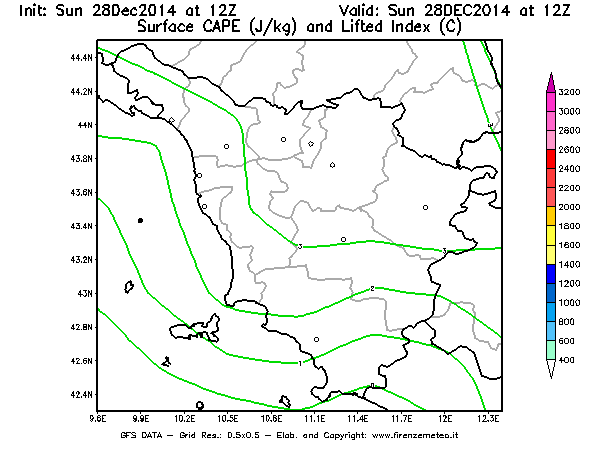 Mappa di analisi GFS - CAPE [J/kg] e Lifted Index [°C] in Toscana
									del 28/12/2014 12 <!--googleoff: index-->UTC<!--googleon: index-->
