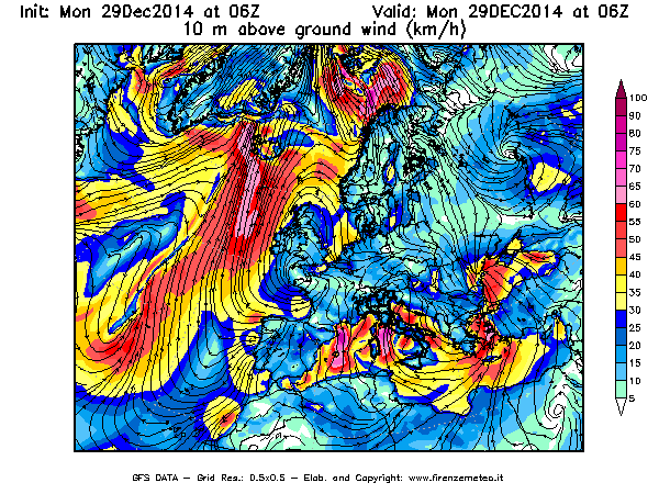 Mappa di analisi GFS - Velocità del vento a 10 metri dal suolo [km/h] in Europa
									del 29/12/2014 06 <!--googleoff: index-->UTC<!--googleon: index-->