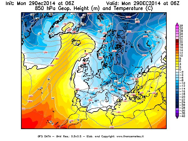 Mappa di analisi GFS - Geopotenziale [m] e Temperatura [°C] a 850 hPa in Europa
									del 29/12/2014 06 <!--googleoff: index-->UTC<!--googleon: index-->