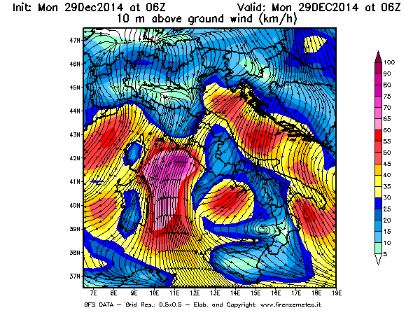 Mappa di analisi GFS - Velocità del vento a 10 metri dal suolo [km/h] in Italia
									del 29/12/2014 06 <!--googleoff: index-->UTC<!--googleon: index-->