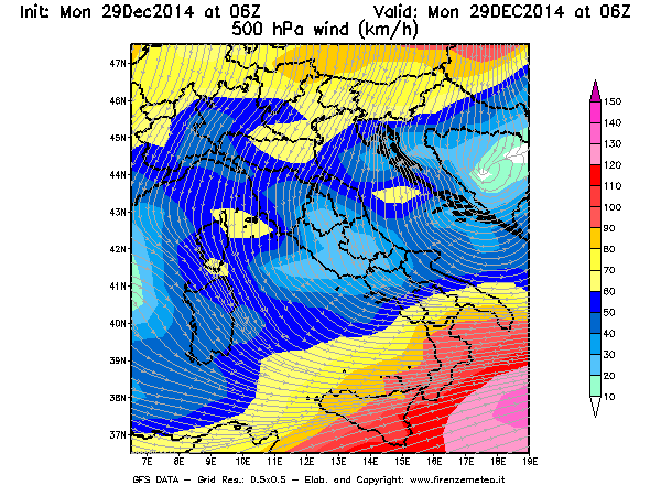 Mappa di analisi GFS - Velocità del vento a 500 hPa [km/h] in Italia
									del 29/12/2014 06 <!--googleoff: index-->UTC<!--googleon: index-->