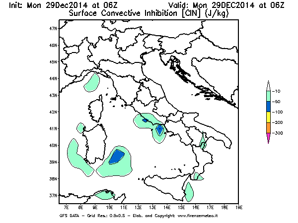 Mappa di analisi GFS - CIN [J/kg] in Italia
									del 29/12/2014 06 <!--googleoff: index-->UTC<!--googleon: index-->