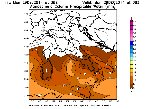 Mappa di analisi GFS - Precipitable Water [mm] in Italia
									del 29/12/2014 06 <!--googleoff: index-->UTC<!--googleon: index-->