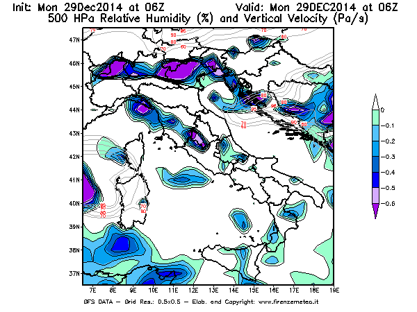 Mappa di analisi GFS - Umidità relativa [%] e Omega [Pa/s] a 500 hPa in Italia
									del 29/12/2014 06 <!--googleoff: index-->UTC<!--googleon: index-->