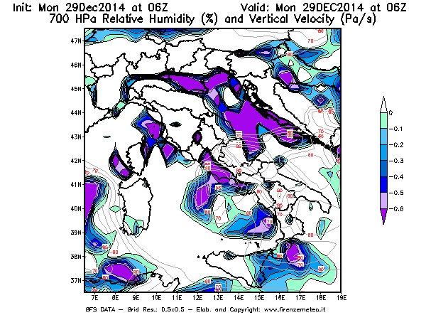 Mappa di analisi GFS - Umidità relativa [%] e Omega [Pa/s] a 700 hPa in Italia
									del 29/12/2014 06 <!--googleoff: index-->UTC<!--googleon: index-->