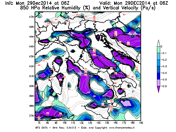 Mappa di analisi GFS - Umidità relativa [%] e Omega [Pa/s] a 850 hPa in Italia
									del 29/12/2014 06 <!--googleoff: index-->UTC<!--googleon: index-->