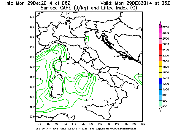 Mappa di analisi GFS - CAPE [J/kg] e Lifted Index [°C] in Italia
									del 29/12/2014 06 <!--googleoff: index-->UTC<!--googleon: index-->
