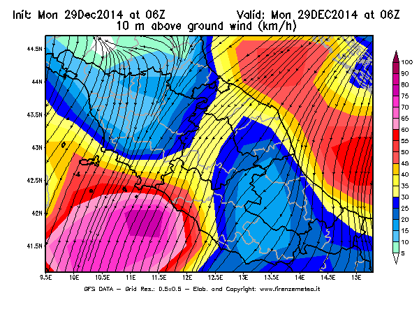 Mappa di analisi GFS - Velocità del vento a 10 metri dal suolo [km/h] in Centro-Italia
									del 29/12/2014 06 <!--googleoff: index-->UTC<!--googleon: index-->
