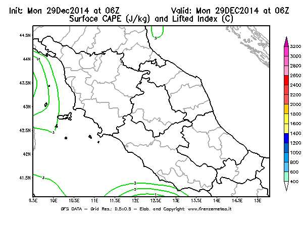 Mappa di analisi GFS - CAPE [J/kg] e Lifted Index [°C] in Centro-Italia
									del 29/12/2014 06 <!--googleoff: index-->UTC<!--googleon: index-->