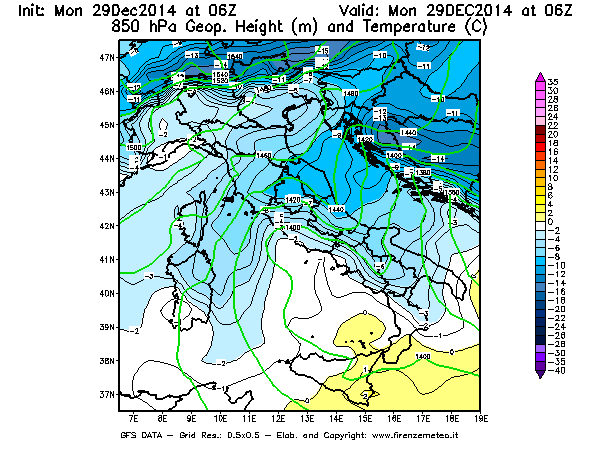 Mappa di analisi GFS - Geopotenziale [m] e Temperatura [°C] a 850 hPa in Italia
									del 29/12/2014 06 <!--googleoff: index-->UTC<!--googleon: index-->
