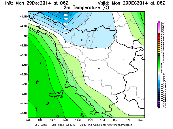 Mappa di analisi GFS - Temperatura a 2 metri dal suolo [°C] in Toscana
									del 29/12/2014 06 <!--googleoff: index-->UTC<!--googleon: index-->