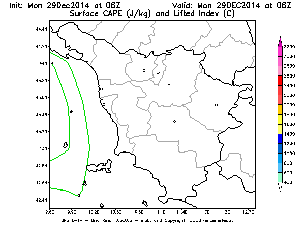 Mappa di analisi GFS - CAPE [J/kg] e Lifted Index [°C] in Toscana
									del 29/12/2014 06 <!--googleoff: index-->UTC<!--googleon: index-->
