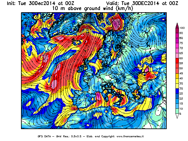 Mappa di analisi GFS - Velocità del vento a 10 metri dal suolo [km/h] in Europa
									del 30/12/2014 00 <!--googleoff: index-->UTC<!--googleon: index-->