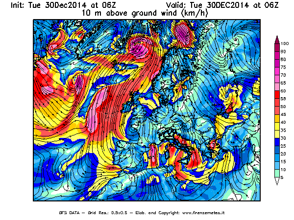 Mappa di analisi GFS - Velocità del vento a 10 metri dal suolo [km/h] in Europa
									del 30/12/2014 06 <!--googleoff: index-->UTC<!--googleon: index-->