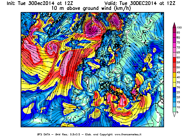 Mappa di analisi GFS - Velocità del vento a 10 metri dal suolo [km/h] in Europa
									del 30/12/2014 12 <!--googleoff: index-->UTC<!--googleon: index-->