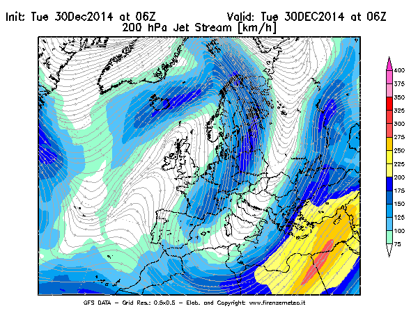 Mappa di analisi GFS - Jet Stream a 200 hPa in Europa
									del 30/12/2014 06 <!--googleoff: index-->UTC<!--googleon: index-->