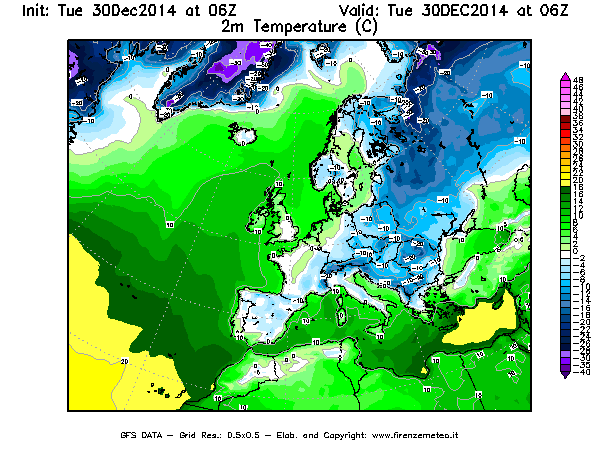 Mappa di analisi GFS - Temperatura a 2 metri dal suolo [°C] in Europa
									del 30/12/2014 06 <!--googleoff: index-->UTC<!--googleon: index-->