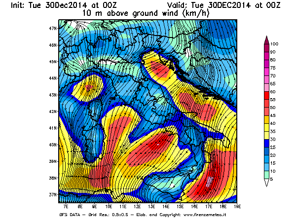 Mappa di analisi GFS - Velocità del vento a 10 metri dal suolo [km/h] in Italia
									del 30/12/2014 00 <!--googleoff: index-->UTC<!--googleon: index-->