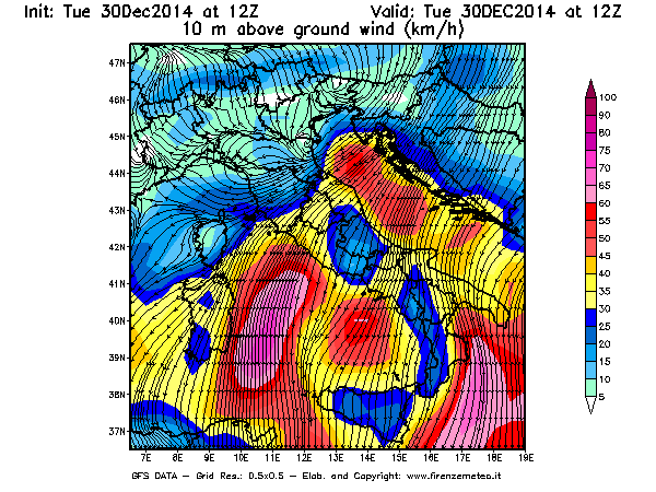 Mappa di analisi GFS - Velocità del vento a 10 metri dal suolo [km/h] in Italia
									del 30/12/2014 12 <!--googleoff: index-->UTC<!--googleon: index-->