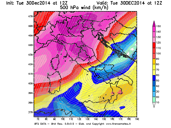 Mappa di analisi GFS - Velocità del vento a 500 hPa [km/h] in Italia
									del 30/12/2014 12 <!--googleoff: index-->UTC<!--googleon: index-->