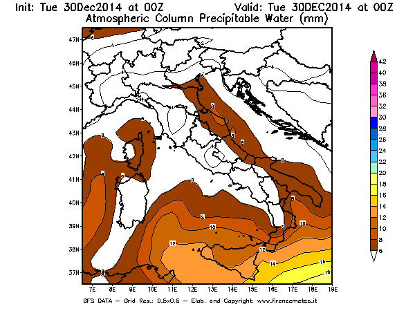 Mappa di analisi GFS - Precipitable Water [mm] in Italia
									del 30/12/2014 00 <!--googleoff: index-->UTC<!--googleon: index-->