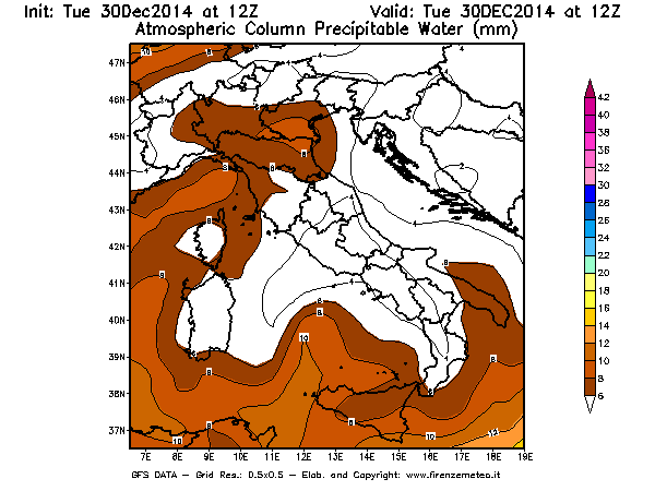 Mappa di analisi GFS - Precipitable Water [mm] in Italia
									del 30/12/2014 12 <!--googleoff: index-->UTC<!--googleon: index-->