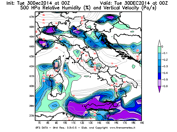 Mappa di analisi GFS - Umidità relativa [%] e Omega [Pa/s] a 500 hPa in Italia
									del 30/12/2014 00 <!--googleoff: index-->UTC<!--googleon: index-->