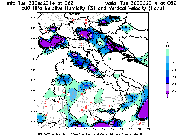 Mappa di analisi GFS - Umidità relativa [%] e Omega [Pa/s] a 500 hPa in Italia
									del 30/12/2014 06 <!--googleoff: index-->UTC<!--googleon: index-->