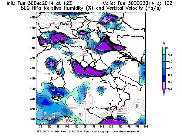 Mappa di analisi GFS - Umidità relativa [%] e Omega [Pa/s] a 500 hPa in Italia
									del 30/12/2014 12 <!--googleoff: index-->UTC<!--googleon: index-->