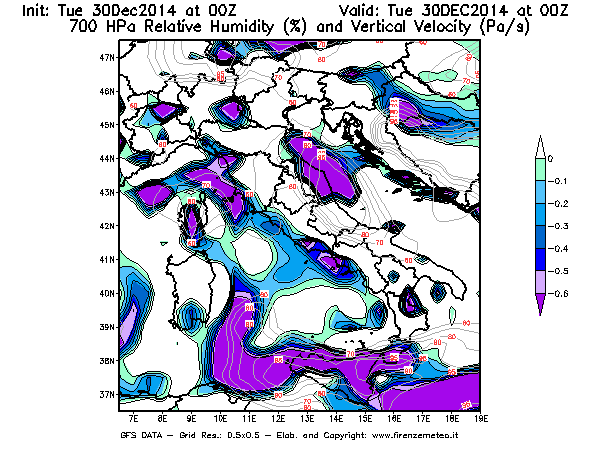 Mappa di analisi GFS - Umidità relativa [%] e Omega [Pa/s] a 700 hPa in Italia
									del 30/12/2014 00 <!--googleoff: index-->UTC<!--googleon: index-->