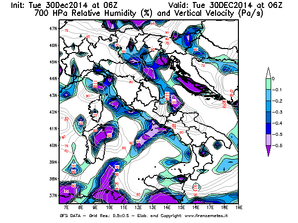Mappa di analisi GFS - Umidità relativa [%] e Omega [Pa/s] a 700 hPa in Italia
									del 30/12/2014 06 <!--googleoff: index-->UTC<!--googleon: index-->