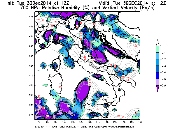 Mappa di analisi GFS - Umidità relativa [%] e Omega [Pa/s] a 700 hPa in Italia
									del 30/12/2014 12 <!--googleoff: index-->UTC<!--googleon: index-->