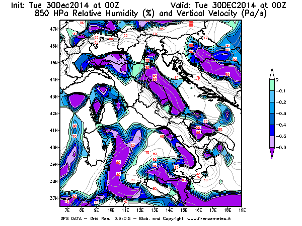 Mappa di analisi GFS - Umidità relativa [%] e Omega [Pa/s] a 850 hPa in Italia
									del 30/12/2014 00 <!--googleoff: index-->UTC<!--googleon: index-->