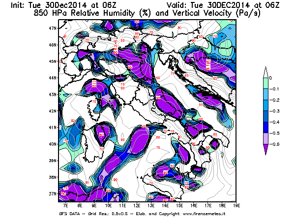 Mappa di analisi GFS - Umidità relativa [%] e Omega [Pa/s] a 850 hPa in Italia
									del 30/12/2014 06 <!--googleoff: index-->UTC<!--googleon: index-->