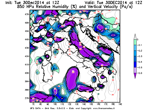 Mappa di analisi GFS - Umidità relativa [%] e Omega [Pa/s] a 850 hPa in Italia
									del 30/12/2014 12 <!--googleoff: index-->UTC<!--googleon: index-->