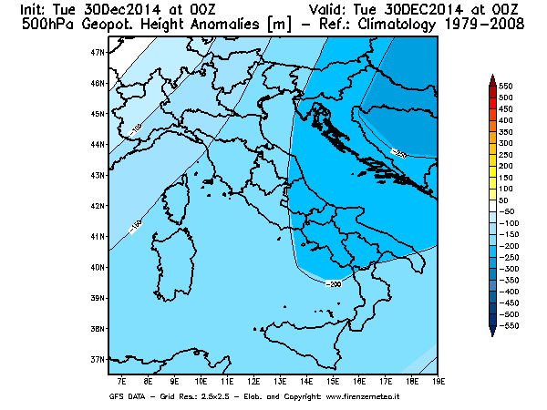 Mappa di analisi GFS - Anomalia di Geopotenziale a 500 hPa in Italia
									del 30/12/2014 00 <!--googleoff: index-->UTC<!--googleon: index-->
