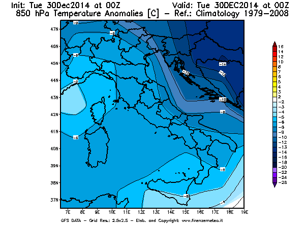 Mappa di analisi GFS - Anomalia Temperatura [°C] a 850 hPa in Italia
									del 30/12/2014 00 <!--googleoff: index-->UTC<!--googleon: index-->