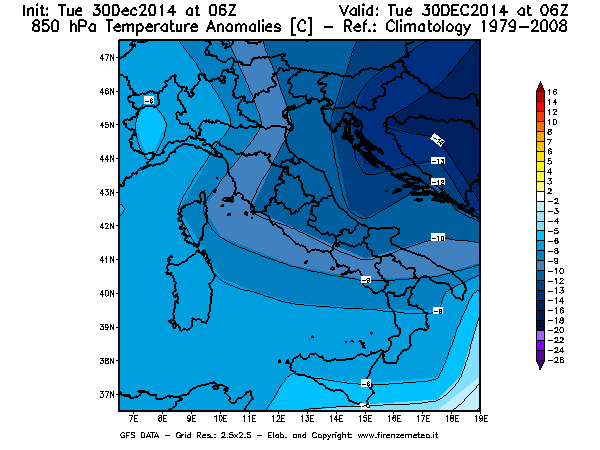 Mappa di analisi GFS - Anomalia Temperatura [°C] a 850 hPa in Italia
									del 30/12/2014 06 <!--googleoff: index-->UTC<!--googleon: index-->