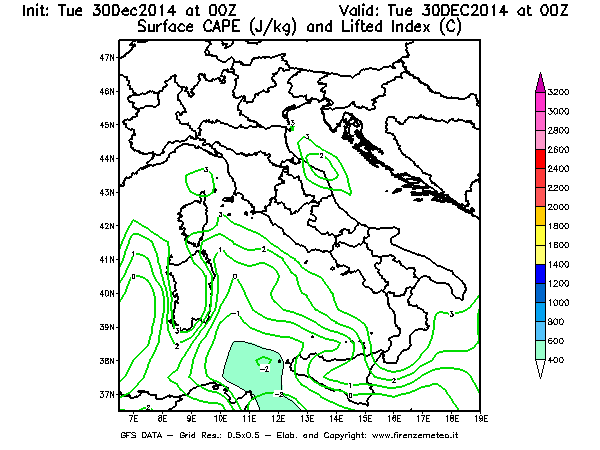 Mappa di analisi GFS - CAPE [J/kg] e Lifted Index [°C] in Italia
									del 30/12/2014 00 <!--googleoff: index-->UTC<!--googleon: index-->