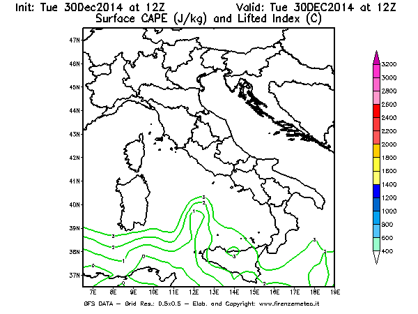 Mappa di analisi GFS - CAPE [J/kg] e Lifted Index [°C] in Italia
									del 30/12/2014 12 <!--googleoff: index-->UTC<!--googleon: index-->