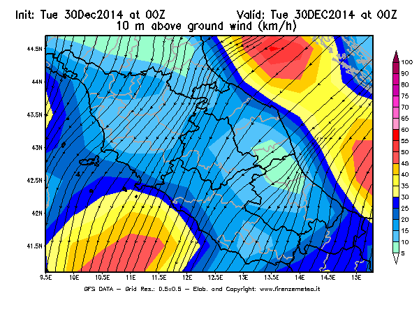 Mappa di analisi GFS - Velocità del vento a 10 metri dal suolo [km/h] in Centro-Italia
									del 30/12/2014 00 <!--googleoff: index-->UTC<!--googleon: index-->