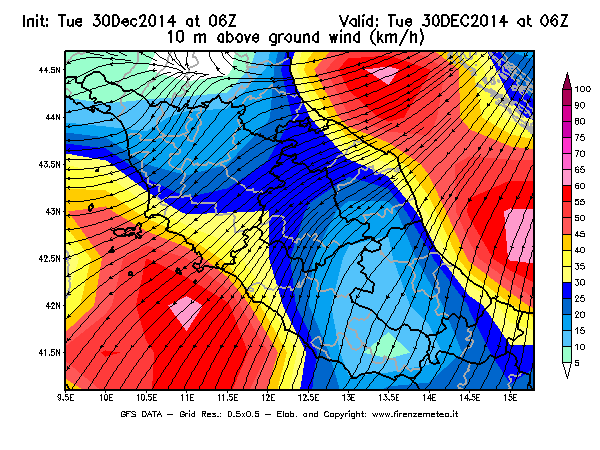 Mappa di analisi GFS - Velocità del vento a 10 metri dal suolo [km/h] in Centro-Italia
									del 30/12/2014 06 <!--googleoff: index-->UTC<!--googleon: index-->