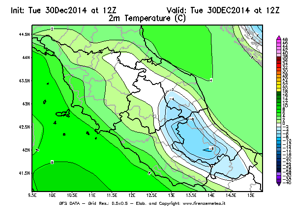 Mappa di analisi GFS - Temperatura a 2 metri dal suolo [°C] in Centro-Italia
									del 30/12/2014 12 <!--googleoff: index-->UTC<!--googleon: index-->