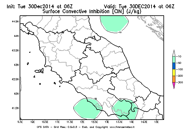 Mappa di analisi GFS - CIN [J/kg] in Centro-Italia
									del 30/12/2014 06 <!--googleoff: index-->UTC<!--googleon: index-->